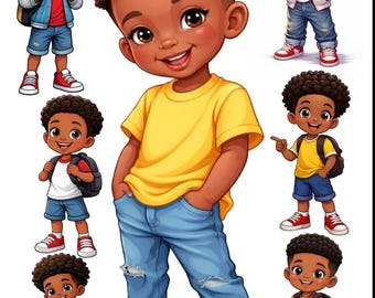 May include: Digital clipart bundle featuring illustrations of a Black boy in various poses and outfits. The boy is depicted wearing a yellow t-shirt and blue jeans, and other outfits. The text "BLACK BOY CLIPART BUNDLE" is at the top. The image also includes the text "INSTANT DOWNLOAD", "PNG / PDF", and "10 PCS".