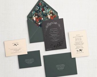 Black Foil, Sophisticated, Nature Inspired Wedding Invitation Suite, SAMPLE: Maricel and Anton Custom Wedding Invitation Set