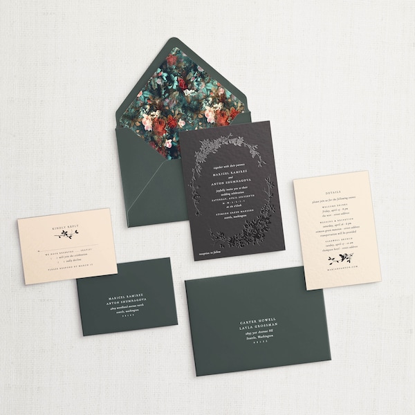 Maricel and Anton Custom Wedding Invitation Set, SAMPLE: Black Foil, Sophisticated, Nature Inspired Wedding Invitation Suite
