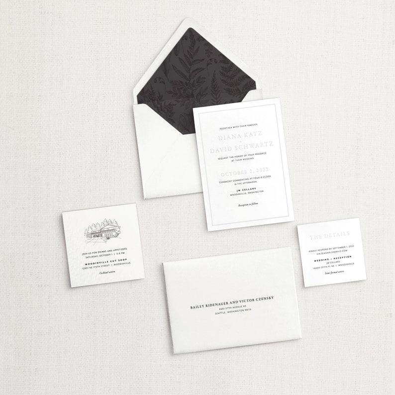 Diana and David Custom Wedding Invitation Set, SAMPLE: Modern and Sophisticated, Blind Emboss Wedding Invitation Suite image 4