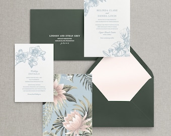 Belinda and Daniel Custom Wedding Invitation Set, SAMPLE: Soft Elegant Tropical Wedding Invitation Suite