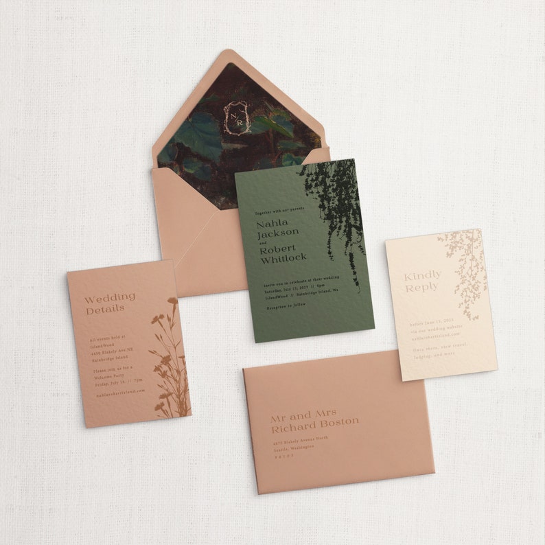 Nahla and Robert Custom Wedding Invitation Set, SAMPLE: Moody Tonal Forest Wedding Invitation Suite image 4