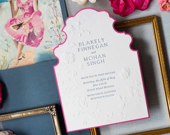 Blakely and Mohan Custom Wedding Invitation Set, SAMPLE: Elegant, Sculpted Emboss Wedding Invitation Suite