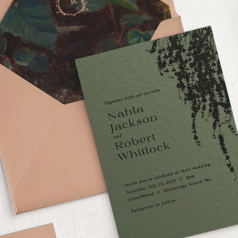Nahla and Robert Custom Wedding Invitation Set, SAMPLE: Moody Tonal Forest Wedding Invitation Suite image 3