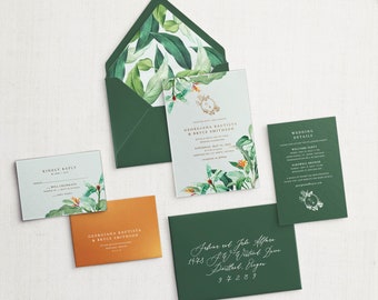 Georgiana and Bryce Custom Wedding Invitation Set, SAMPLE: Letterpress, Elegant Tropical Wedding Invitation Suite