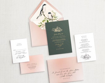 Emani and Niles Custom Wedding Invitation Set, SAMPLE: Custom Illustrated Venue, Gold Foil Wedding Invitation Suite
