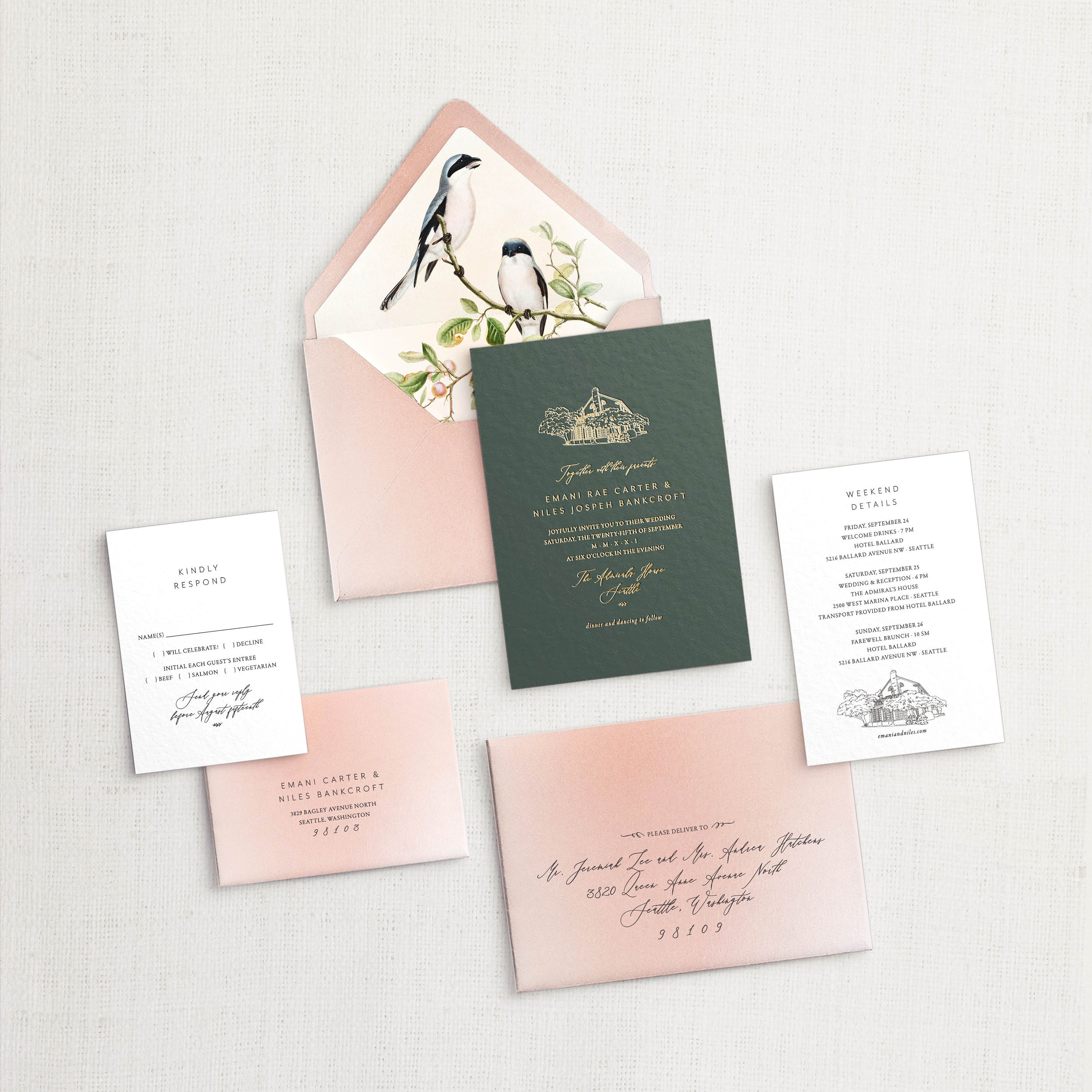 Emani and Niles Custom Wedding Invitation Set, SAMPLE: Custom Illustrated Venue, Gold Foil Wedding Invitation Suite