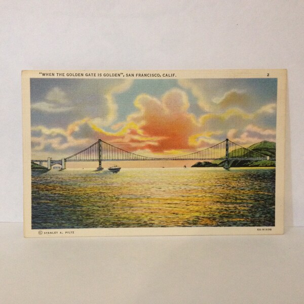 San Francisco California -- Golden Gate Bridge at Sunset -- Vintage 1940's Linen Souvenir Postcard