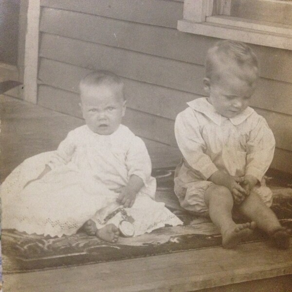 Babies on a Porch -- Antique Early 1900's RPPC Real Photo Postcard -- Two Young Children Rural Pocket Watch -- Old Vintage Photo
