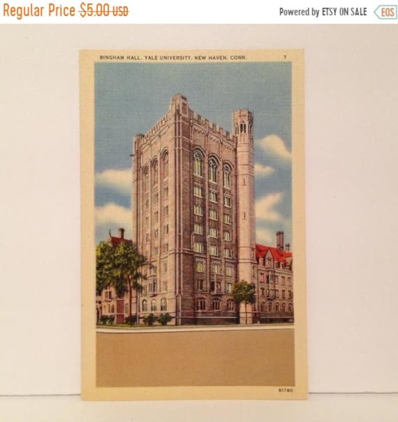 ON SALE New Haven Connecticut CT Yale University Bingham Hall Old Vintage 1940/'s Linen Souvenir Postcard Ephemera