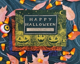 Woodcut Style Halloween Card - Jack-O-Lanterns with Gold Foil
