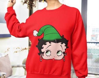 Ugly Christmas Sweater Women Betty Boop Elf Sweater Festive Holiday Wear Winter Fashion Gift for Her Christmas Party Outfit Retro Fan Gift