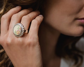 Anillo de cerámica de aniversario, regalo para nana, joyas de porcelana rota