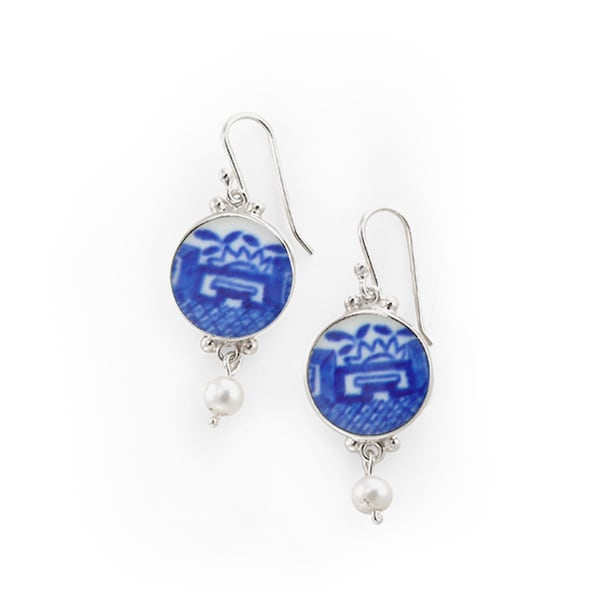 Broken china jewelry, boho bridal earrings, blue earrings, porcelain earring 20th anniversary