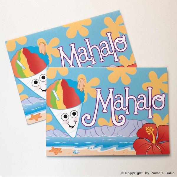 Hawaiian Note Cards Shave Ice Mahalo - Thank You, Hawaii, Beach, Rainbow, Ocean, Plumeria, Hibiscus, Tropical