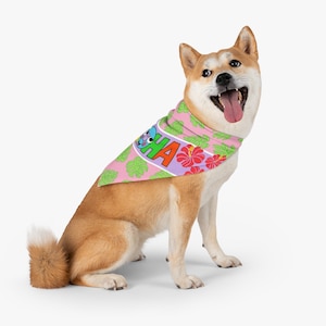 Hawaiian Dog Pet Bandana, Happy Aloha - Tropical Print Dog Bandana, Hawaii Dog Clothing, Pet Bandana, Floral Dog Scarf, Hawaii Dog Gifts