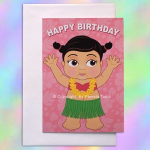 Hawaiian Greeting Card Happy Birthday Girl, Hawaii Greeting Cards, Hawaiian Theme Party, Cute Girl Cards