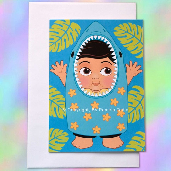 Hawaiian Greeting Card, Boy in Shark Costume, Shark Boy, Baby Shark, Monstera, Tropical, Hawaii, Cute Card