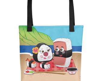 Bolsa de mano Ohana de la familia Musubi hawaiana: Hawái, playa, tropical, sushi, spam, fiambres, compras