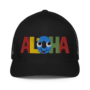 Hawaiian Happy Aloha Trucker Cap Hat with Mesh Back, Embroidery, Embroidered, Rainbow, Cute, Smiling, Hawaii