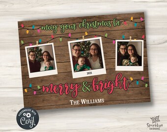 EDITABLE Christmas Photo Card, Merry & Bright, Photo Christmas Card, Family Photo Polaroids Christmas Card Template Printable Template Corjl