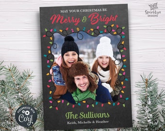 Editable Merry and Bright Christmas Photo Card, Family Photo Card, Merry Christmas, Holiday Christmas Card Template Printable Template Corjl