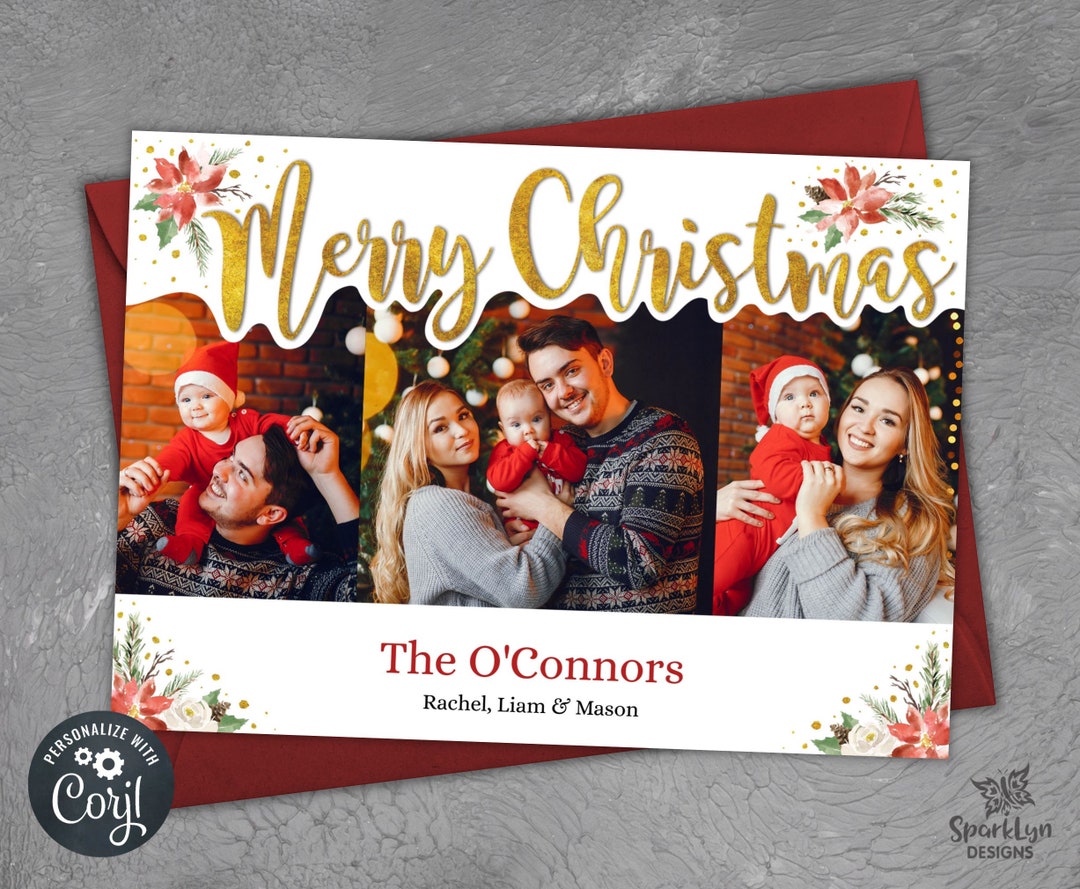 Editable Gold Christmas Photo Card Watercolor Floral Merry Etsy