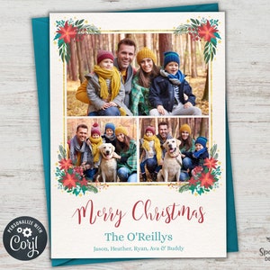 Editable Boho Christmas Photo Card, Minimal Floral Merry Christmas Holiday Photo Card Gold Photo Christmas Card Printable Template XPC17