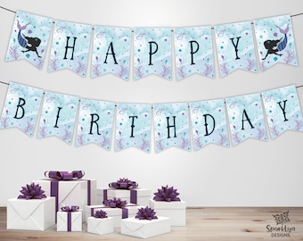 Alles Gute zum Geburtstag Banner druckbar, Meerjungfrau Geburtstagsbanner unter dem Meer Kinder Geburtstag Meerjungfrau Party Dekor Sofortiger digitaler Download PDF MM02