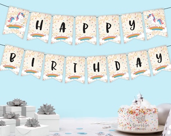 Banner de feliz cumpleaños imprimible, banner de cumpleaños de unicornio arcoíris mágico, decoración de fiesta de cumpleaños infantil de unicornio, descarga digital instantánea PDF FM01