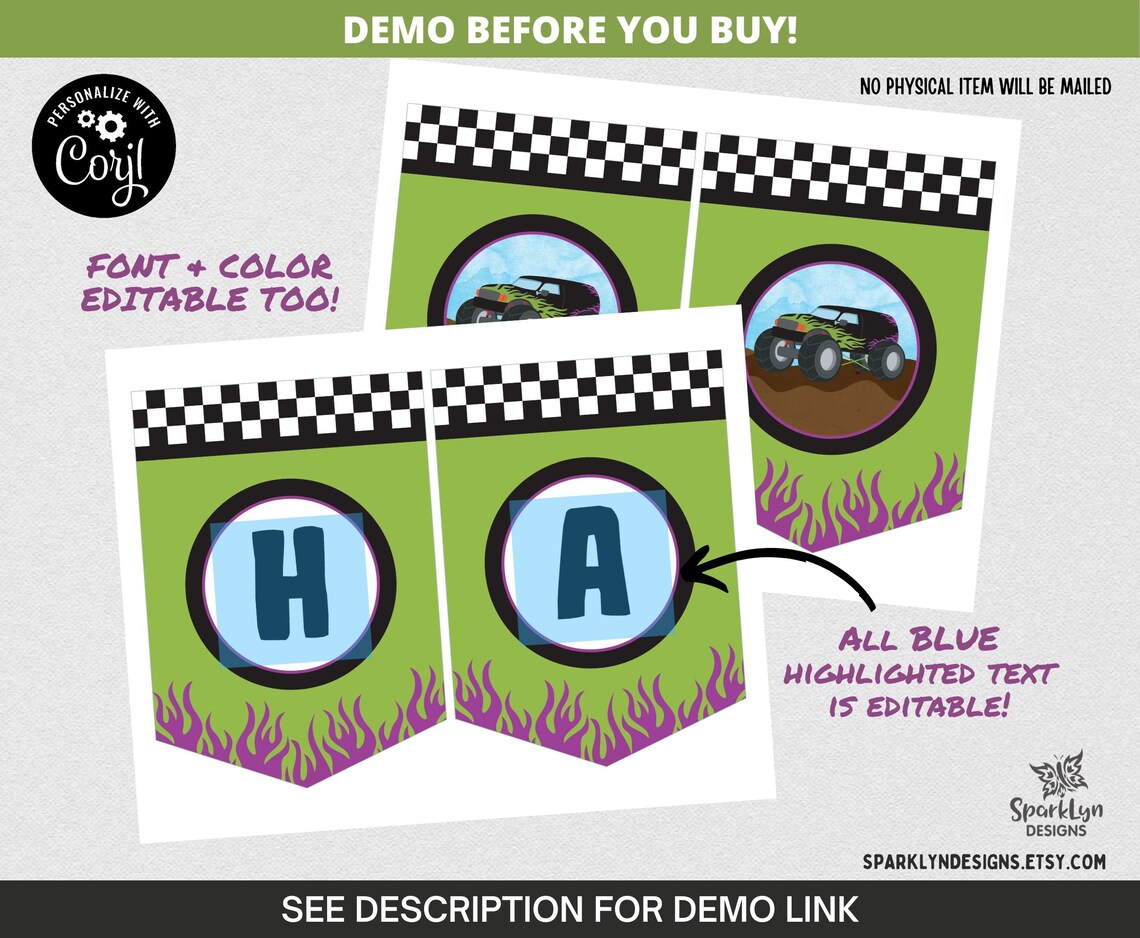 Printable Monster Truck Birthday Banner Boy Birthday Banner Party Flag ...