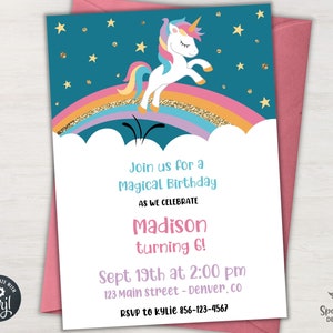 BEWERKBARE Unicorn verjaardagsuitnodiging, magische partij uitnodigen, Kids verjaardagsuitnodiging, afdrukbare digitale Unicorn Party sjabloon Corjl FM02