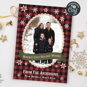 BEWERKBARE kerstfotokaart, kerstplaid Warme en gezellige vakantiewensen Familiefoto kerstkaart Afdrukbare kerstsjabloon Corjl