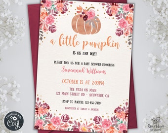 Boho Floral Pumpkin Baby Shower Invitation, Fall Girl Invite, Digital Editable Template FA02