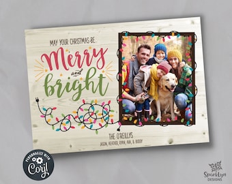 Editable Merry and Bright Christmas Photo Card, Family Photo Card, Merry Christmas Holiday Christmas Card Printable Christmas Template Corjl