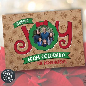 PRINTABLE Christmas Joy Photo Card, Christmas Photo Card, Merry Christmas Floral Wreath Christmas Card Template Editable Template Corjl