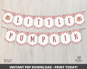 Printable Little Pumpkin Banner, Boho Baby Shower Decor Floral Pumpkin Party Decor First Fall Birthday Instant Digital Download PDF FA02