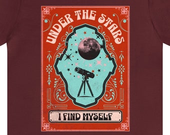 Under the Stars I Find Myself ~ Unisex Women's Men's Short Sleeve Tee T-Shirt Jersey Tarot Telescope Starry Night Sky S M L XL 2X 3X