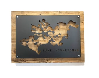 Custom Lake Sign - Reclaimed Wood and Metal Lake Map Wall Decor