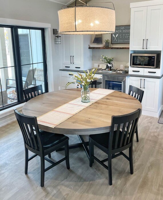 48" 60" 66" 72" Custom Round Oak Hardwood and Black Metal Base Hardwood Dining Table