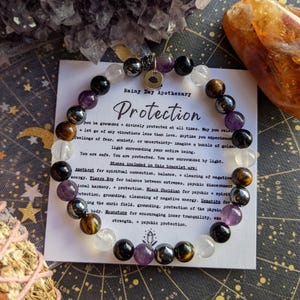 Protection Gemstone Bracelet: Obsidian, Tiger Eye, Hematite, Moonstone, Amethyst