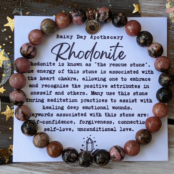 Rhodonite Gemstone Bracelet | The Rescue Stone | Self-love + Compassion | Heart Chakra Stone | 6mm Gemstone Bracelet |