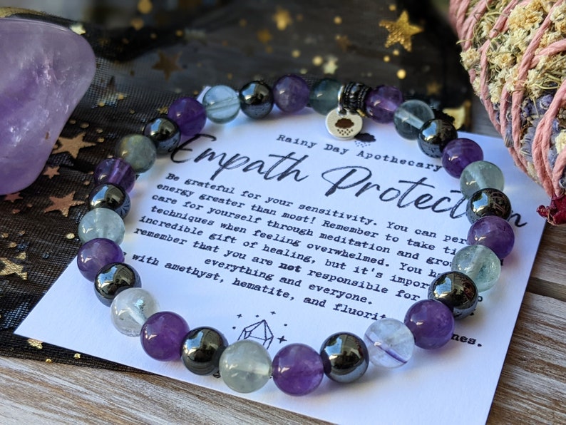 Empath Protection Bracelet 6mm Gemstone Bracelet Emotional Support Amethyst Fluorite Hematite image 4