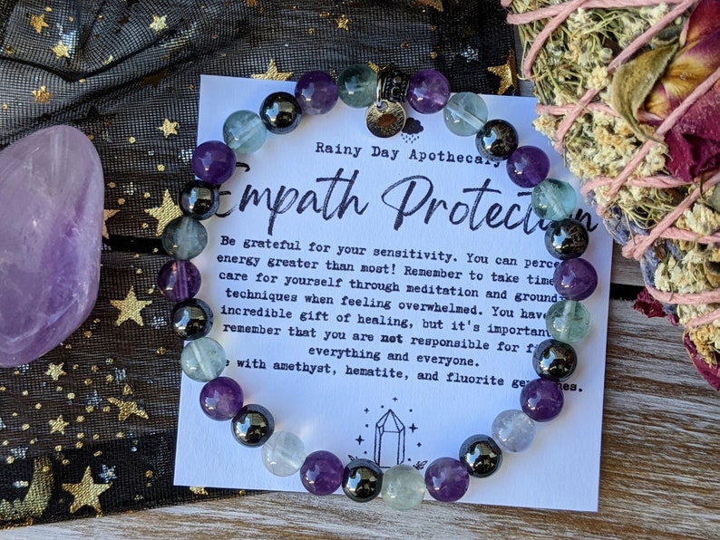 Empath Protection Bracelet 6mm Gemstone Bracelet Emotional Support Amethyst Fluorite Hematite image 1