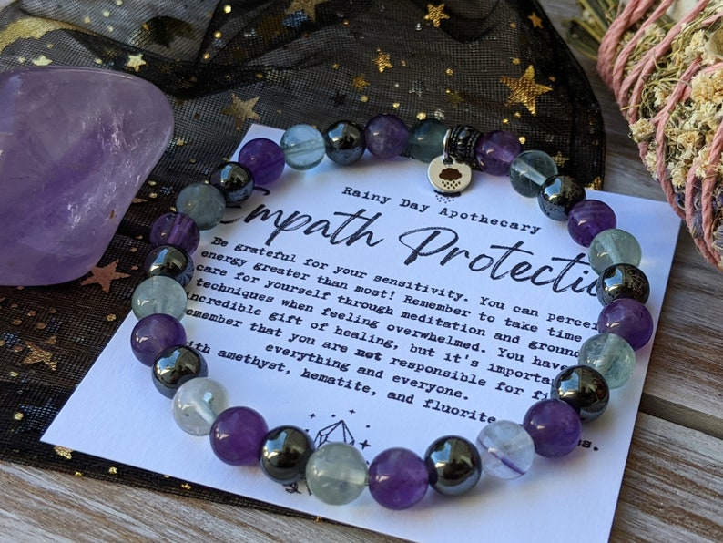 Empath Protection Bracelet 6mm Gemstone Bracelet Emotional Support Amethyst Fluorite Hematite image 2