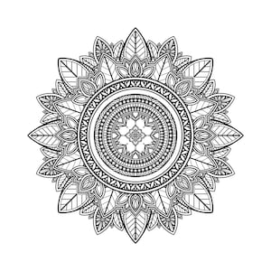 May include: Black and white mandala design with intricate details and a circular pattern. The design features a central circle surrounded by multiple layers of geometric shapes and floral motifs.