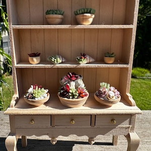 May include: A miniature wooden hutch with three drawers and three shelves, displaying small potted succulents. The succulents are various colors, including green, red, and white. The hutch has a light wood finish and gold-colored knobs.