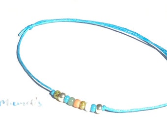 Fußkettchen, Fußbändchen, mit Glasperlen, Anklet, verstellbar,Baumwollband gewachst,blau