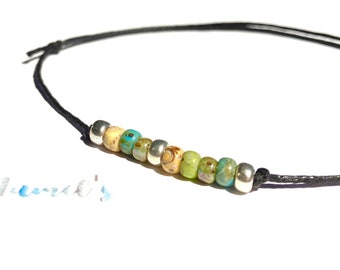 Fußkettchen, Fußbändchen, mit Glasperlen, Anklet, verstellbar,Baumwollband gewachst,schwarz