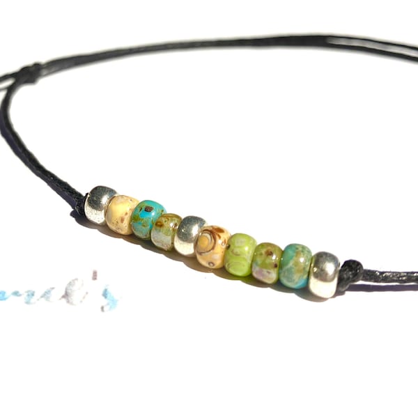 Fußkettchen, Fußbändchen, mit Glasperlen, Anklet, verstellbar,Baumwollband gewachst,schwarz